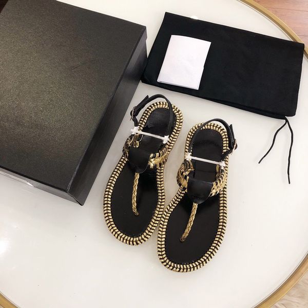 

new summer 2020 sandals women's flat bottom woven belt color matching clip toe round head button strap roman shoes women fashion, Black