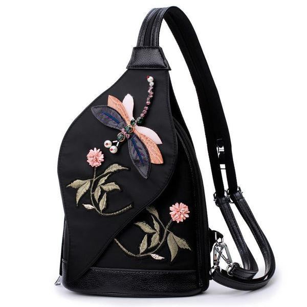 

Woman Light Nylon Chest Package Oxford Cloth More Function Embroidery Dragonfly Both Shoulders, Black
