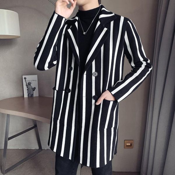 

men's knitwear 2020 autumn new cardigan korean style double breasted long black white striped slim trench coat long men jacket, Tan;black