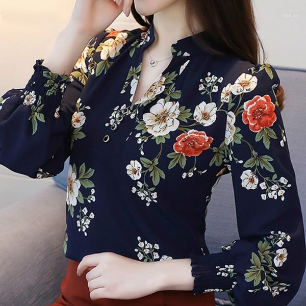 

women's blouses & shirts blusas mujer de moda 2021 blouse women v-neck office long sleeve print chiffon shirt a3481, White