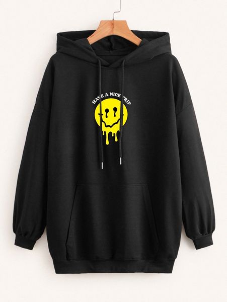 

cartoon and slogan graphic kangaroo pocket drawstring drop shoulder hoodie r7pk#, White;black