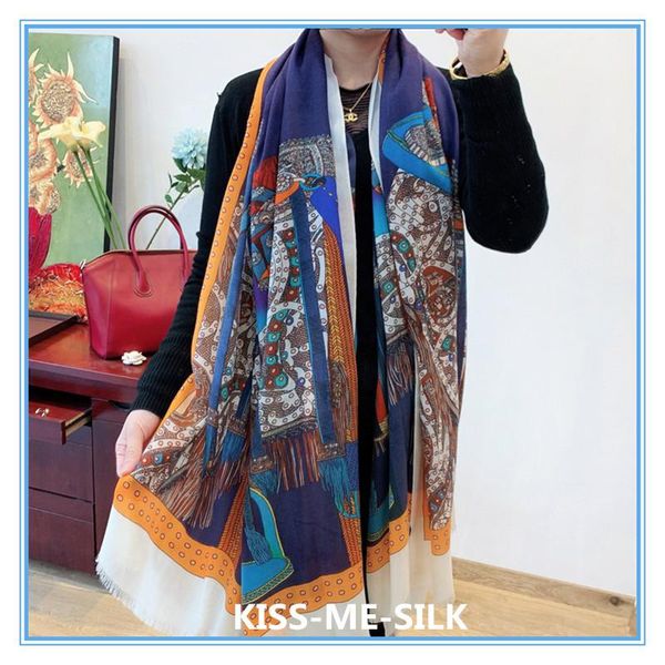 

scarves kms classic saddle drawing 300 yarn superfine pure cashmere scarf shawl long winter 100*200cm/150g, Blue;gray
