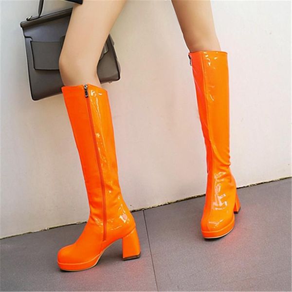 

new patent leather winter fall women knee high boots thick heel zipper women long boots fashion candy colors ladies party1, Black