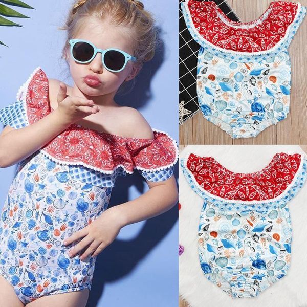 

children's swimwear toddler kids baby girls off shoulder print ruffled lace swimsuit fashion one piece children x1
