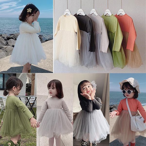 

2020 autumn new baby girls sweet elegant pure color tall waist gauze dress children long sleeve princess dress, Red;yellow