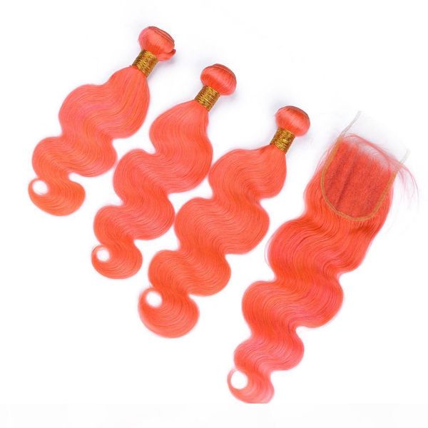 

pure orange virgin indian human hair weave bundles with 4x4 front lace closure body wave orange colored virgin hair weft extensions, Black;brown
