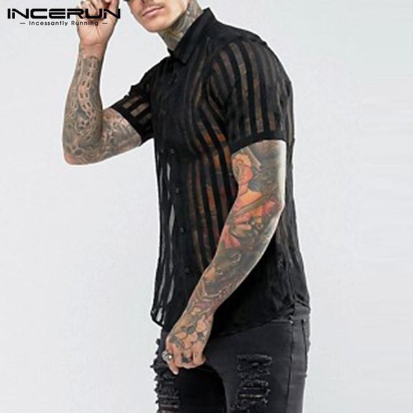 

incerun fashion striped shirt men transparent short sleeve button see through party nightclub men shirts 2020 s-5xl, White;black