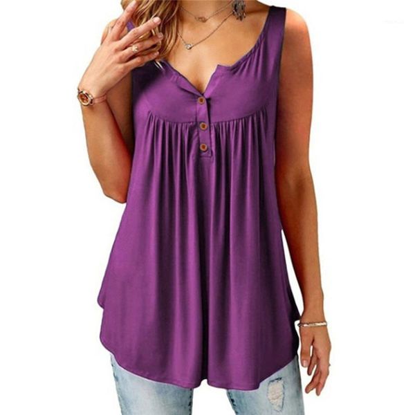 

2xl summer loose t shirt women v-neck sleeveless large size solid tee casual streetwear button pleated t shirt plus size1, White