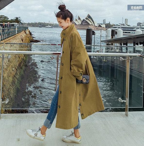 

windbreaker women's medium length south korean ulzzang single breasted side split stand collar windbreaker coat women11, Tan;black