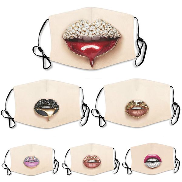 Fashion Face Mask Sexy Lip Diamante Protetor PM2.5 Boca Máscaras Lavável Mulheres Reusáveis ​​Mulheres Colorido Rhinestones FaceMask