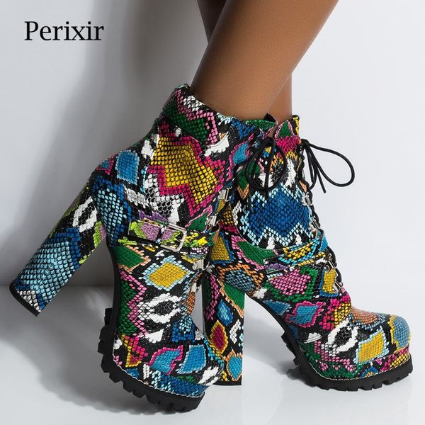 

perixir women platform chunky heeled bootie green snake skin print ankle boots winter shoes round toe high heel ladies shoe y200723, Black