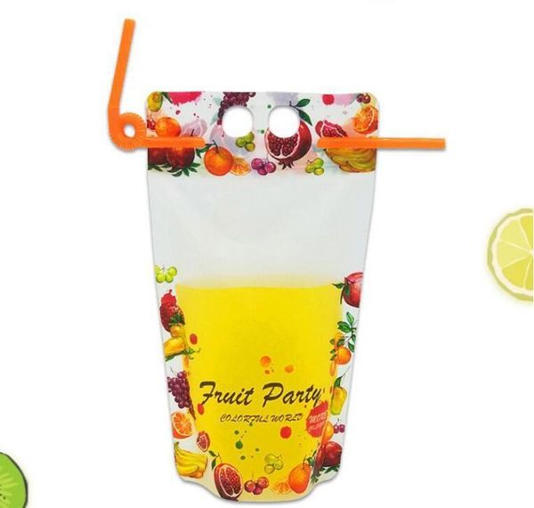 

500ml flamingo fruit pattern plastic drink packaging bag for beverage juice milk coffee, with handle and holes for straw bbyxdzl