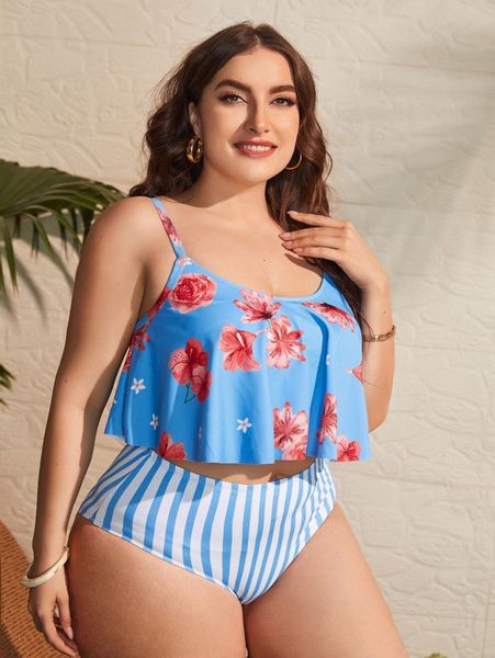 

plus floral print & striped hanky hem bikini swimsuit h7wu#, Black