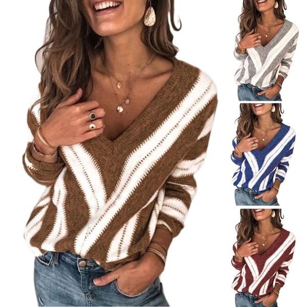 

women autumn long sleeve pullover sweater deep v-neck striped knitted casual loose jumper shirt streetwear, White;black