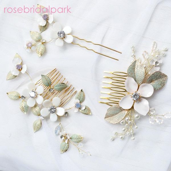 

rosebridalpark stunning floral headpiece bridal gold hair comb pearl leaf crystal hairpin zircon jewelry wedding accessories 164, Golden;silver