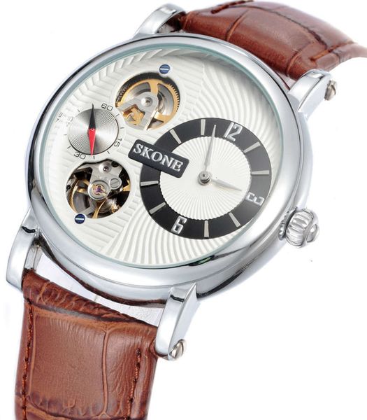 

men's out space hollow time skone automatic mechanical watch casual belt waterproof men's watch, Slivery;brown