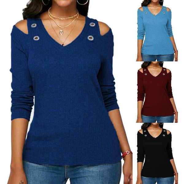 

2020 new fashion casual shirt women solid color v neck long sleeve cold shoulder holes plus size blouse autumn winter, White;black