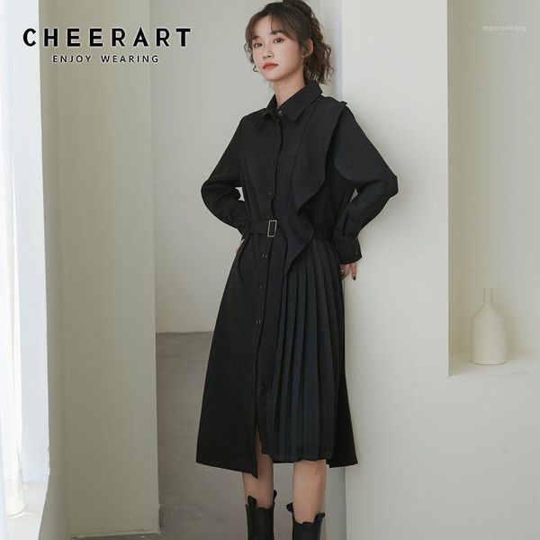 

cheerart ruffle long sleeve pleated shirt dress women black button up ladies collar dress with belt desinger fashion clothing1, Black;gray