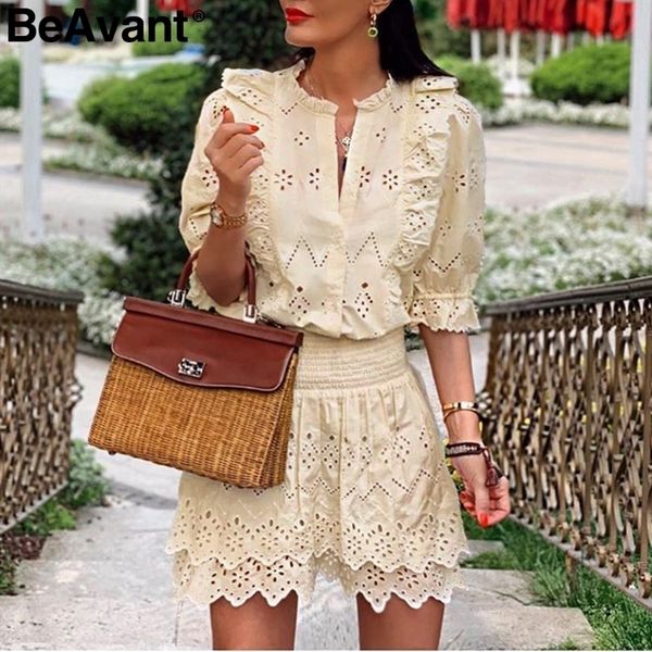 

beavant office ladies co-ordinates dress elegant elastic high waist hollow out female mini dresses half sleeve ladies vestidos y200103, White;black
