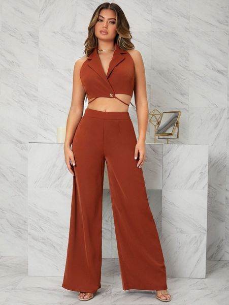 

notched collar cross wrap tie back halter & wide leg pants 85kn#, White