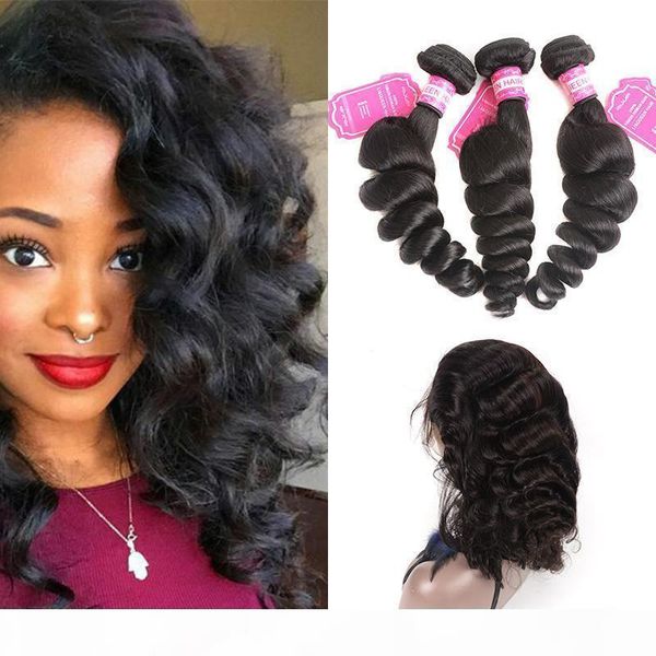 

brazilian 100% unprocessed human hair 3 bundles with 360 lace frontal loose wave bundles with lace frontal pre plucked baby hair 4 pieces, Black;brown