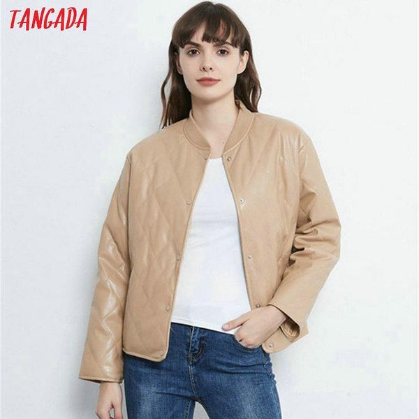 

tangada women khaki faux leather parkas 2020 winter zipper pockets female warm elegant coat jacket qn26, Black;brown