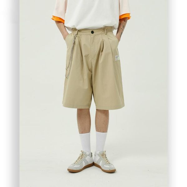 

new male japan korea wide leg shorts men ron chain pendant streetwear hip hop loose style casual shorts, White;black