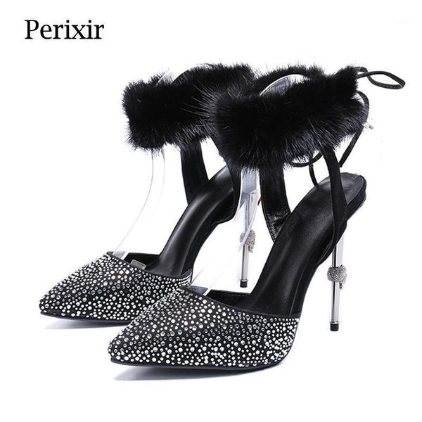 

perixire design women sandals stiletto heel crystal ankle feather lady footwear party shoes in summer large size 35-431, Black