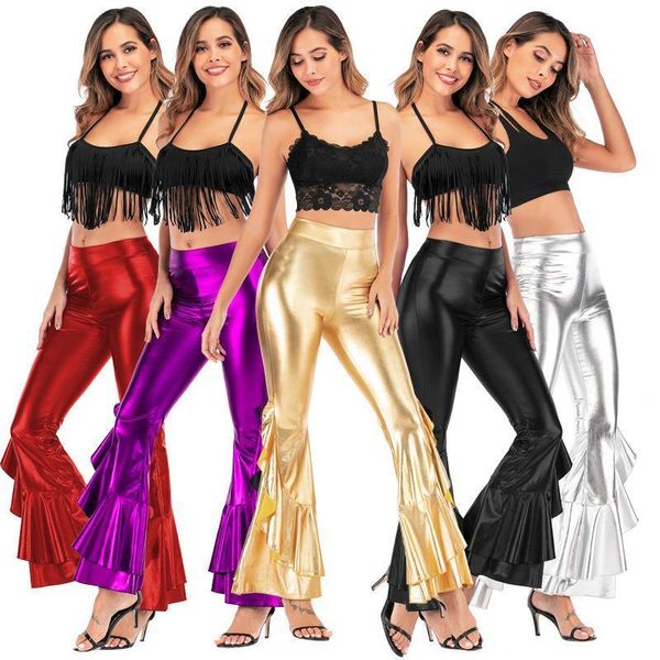 

women wide leg flare pants metallic liquid stretchy bell bottom flared leggings long palazzo vintage disco trousers pantalones, Black;white