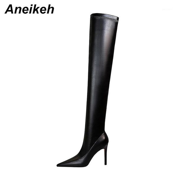 

aneikeh new pu over-the-knee boots sewing patchwork solid high-heeled women's pointed toe riding, equestrian 2020 spring/autumn1, Black