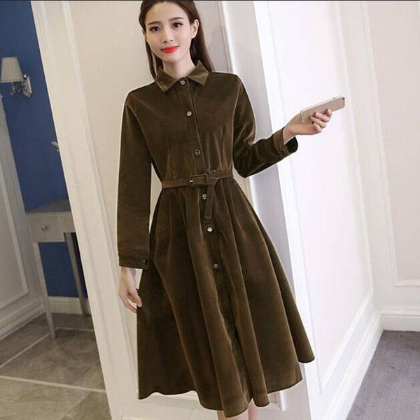 

army green corduroy dress female lapel collar long sleeve split single breasted midi dresses 2018 spring fashion clothing ac, White;black
