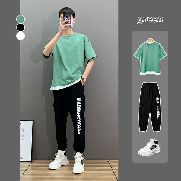 

2020 summer new trend fake two boys' short korean version of students' pure cotton / 5 half sleeve t-shirt