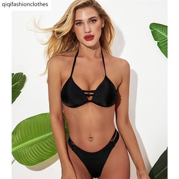 

2020 solid color multi rope triangle bikini swimsuit for women, White;black