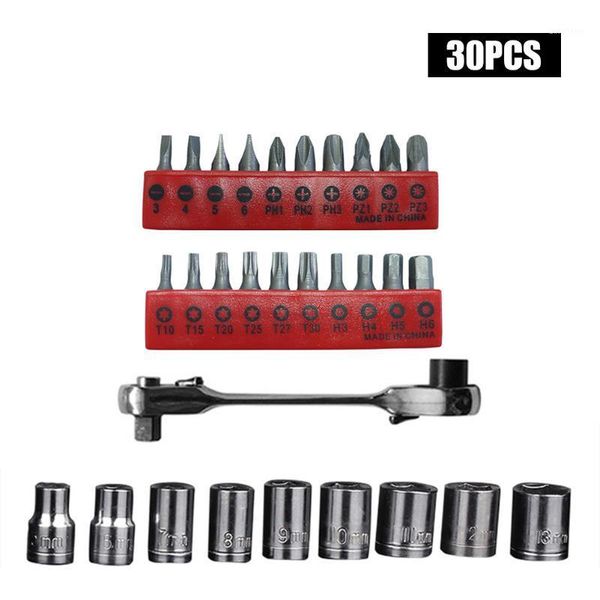 

30pcs mini 1/4 inch quick socket ratchet wrench rod double ended handle screwdriver bit set car repair hand tools1