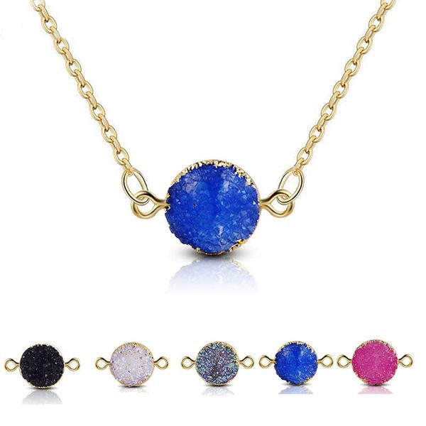 Elegante collana rotonda Druzy Resine Stone per le donne Oro Zaffiro Quarzo Cerchio Collane con ciondoli Round Flat Back Cupola Cabochon Catena regalo gioielli