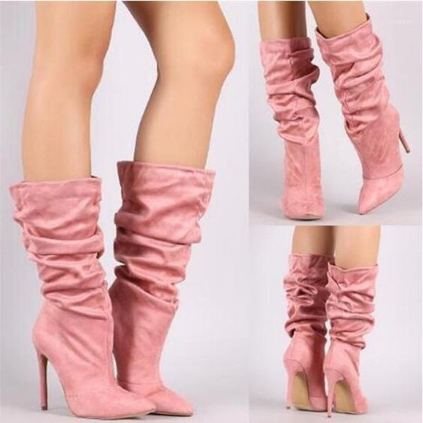 

boots 2021 women pleated mid calf winter woman thin high heels women's pointed toe female pumps ladies party shoe plus size1, Black