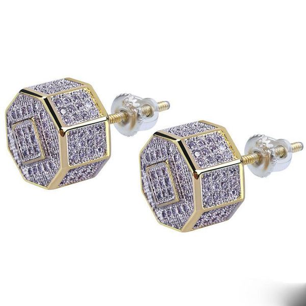 

hip hop earrings luxury grade quality zircon paved stud earrings fashion men women gold color geometric earrings, Golden