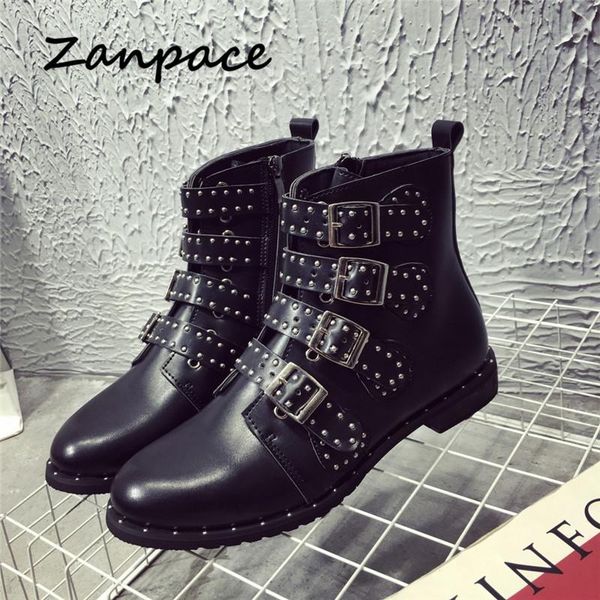 

boots big size 35-43 leather women's buckles black studded shoes motorcycle ankle women ladies thick heeled