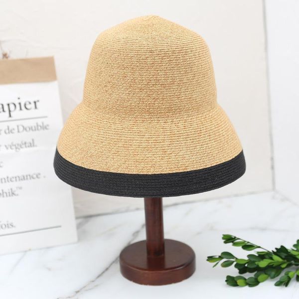 

retro french women straw hat bow female summer seaside big brim sun protection shade travel vacation leisure wild brim beach, Blue;gray