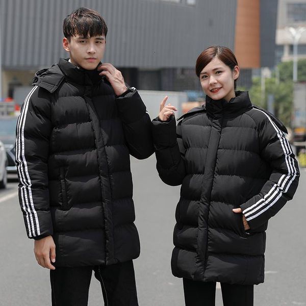 

winter student training sports men's medium length thickened down warm padded jacket women's coat cotton, Black