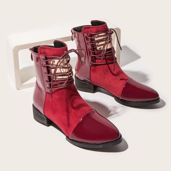 

fashion brand designer women ankle boots patchwork pointed toe chunky heel cross-tied ladies shoes female winter whosale, Black