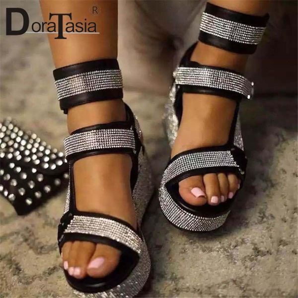 

doratasia big size 35-43 brand new ladies ins gladiator sandals fashion crystal summer sandals women wedges shoes woman, Black
