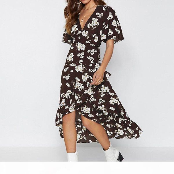 

2020 summer dress women floral print ruffles long chiffon dress boho style beach bohemian sundress short sleeve wrapped maxi party dress new, Black;gray