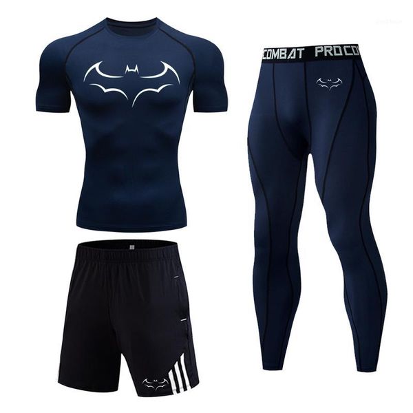 

running sets men's suit brand 2021 gym t-shirt short training pants bodybuilding fitness leggings 3 pieces sport suit1, Black;blue
