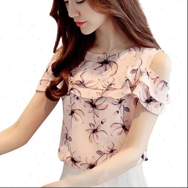 

2021 women off shoulder short sleeve blouses print floral chiffon shirts casual ladies clothing female blusas women, White
