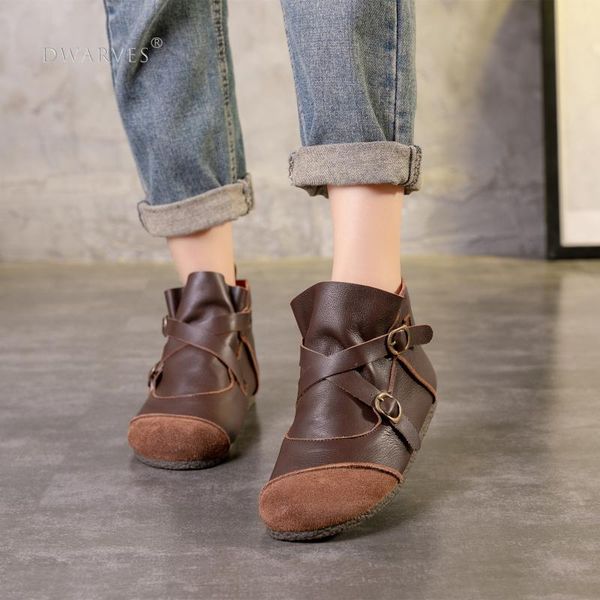 

handmade women's leather flat ankle boots stitching with fleece black/coffee booties