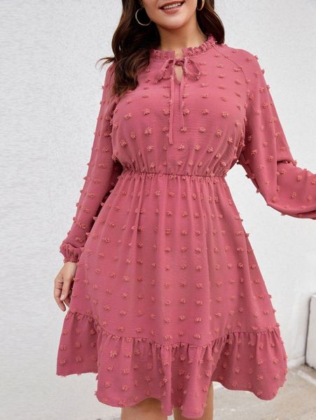 

plus swiss dot lantern sleeve tie neck ruffle hem dress c0hb#, Black