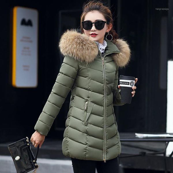 

winter korean-style new women cotton-padded clothes women mid-length slim fit cotton-padded jacket large fur collar down jacket1, Black