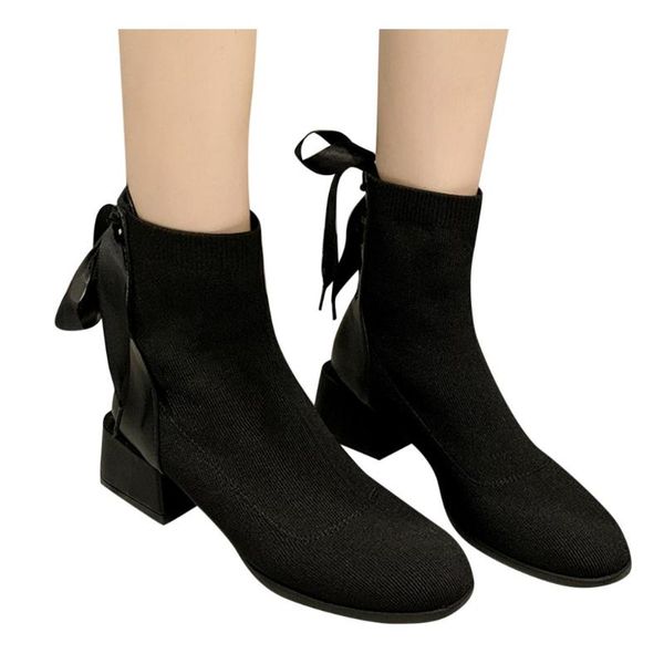

winter ankle boots for women suede thick heel ankle boots knit elastic socks short strap casual shoes zapatos de mujer, Black