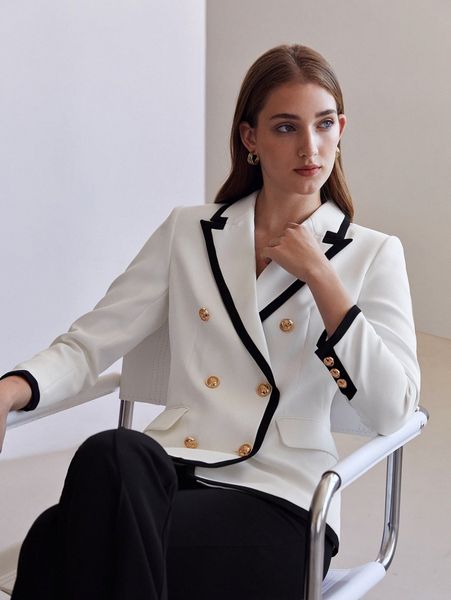

motf premium contrast binding double breasted blazer x0ba#, White;black